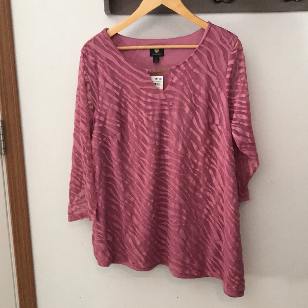 JM Collection blouse, sheer lace overlay, Victorian Pink 3X